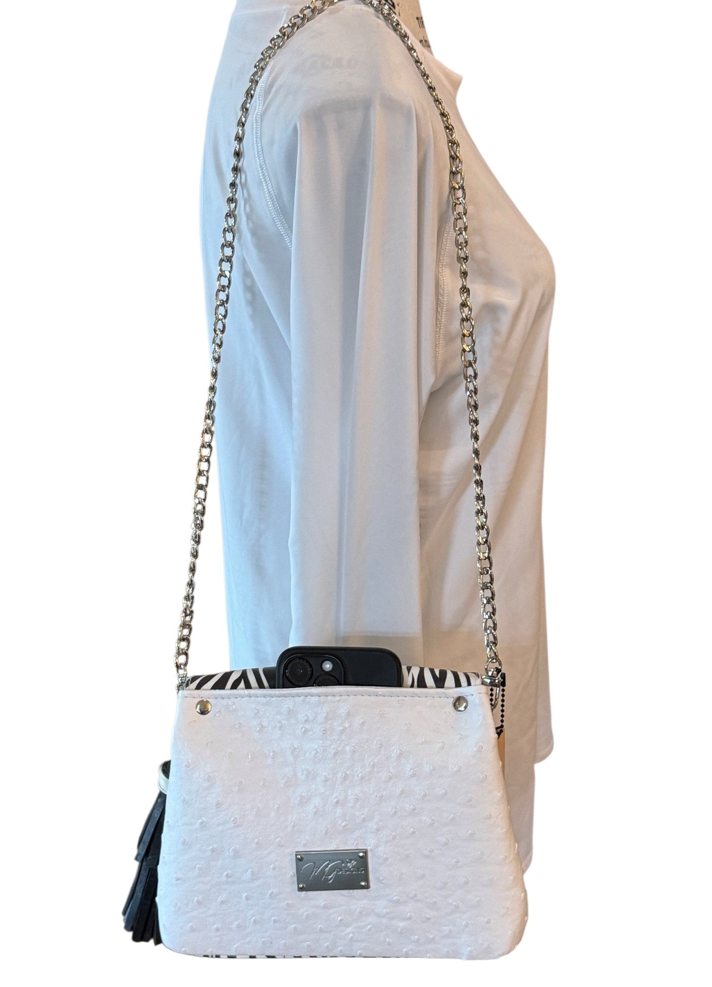 Designer White Ostrich & Zebra Stripe Shoulder Bag + coin purse