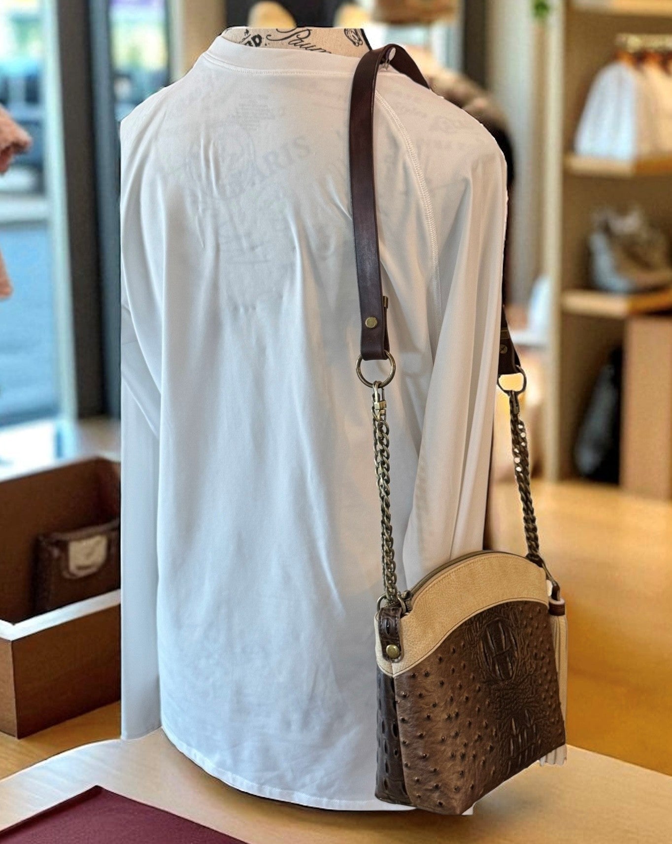 Brown Croc Ostrich and Sand Suede Domed Shoulder Bag / Crossbody