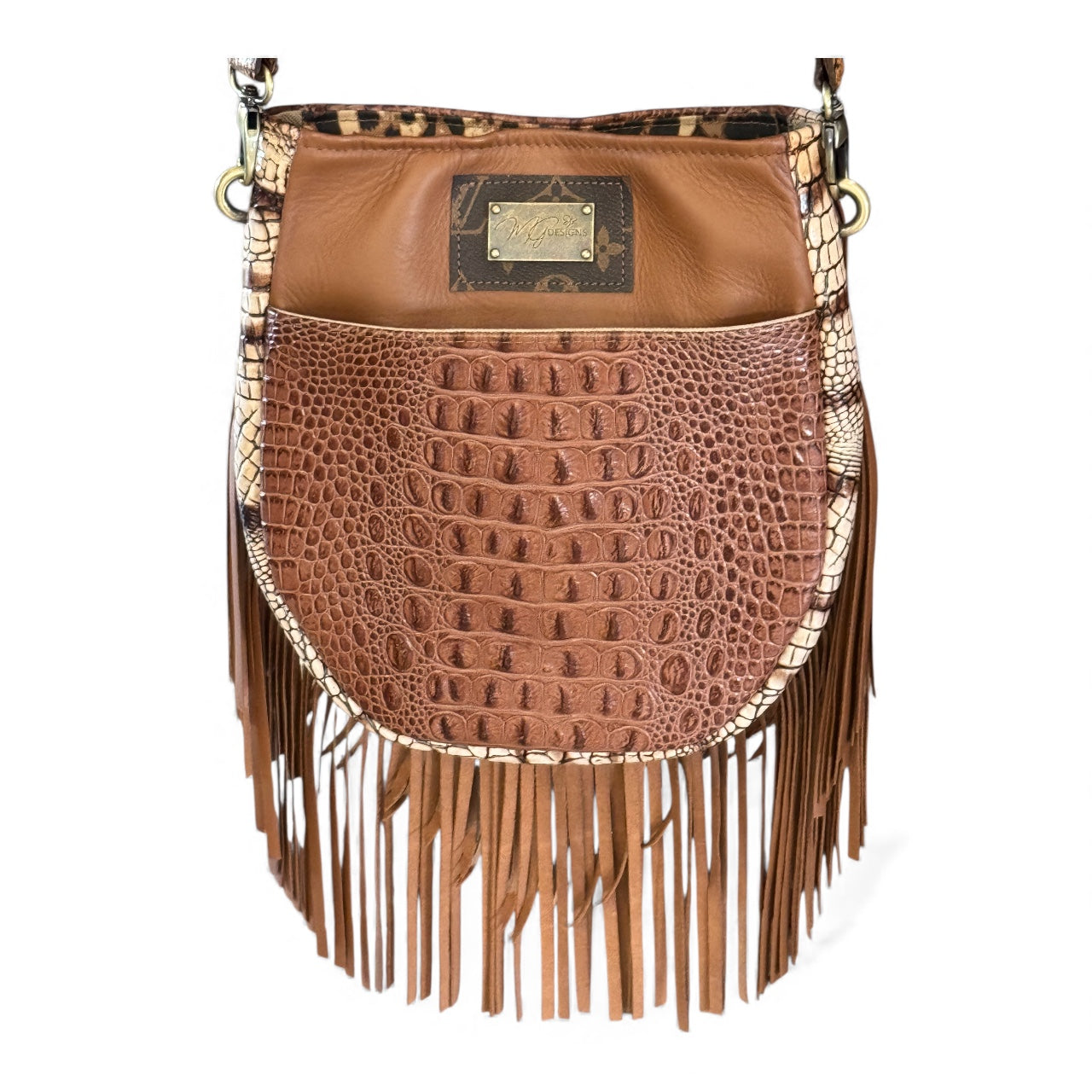 Cognac Designer Leather Fringe Shoulder Bag