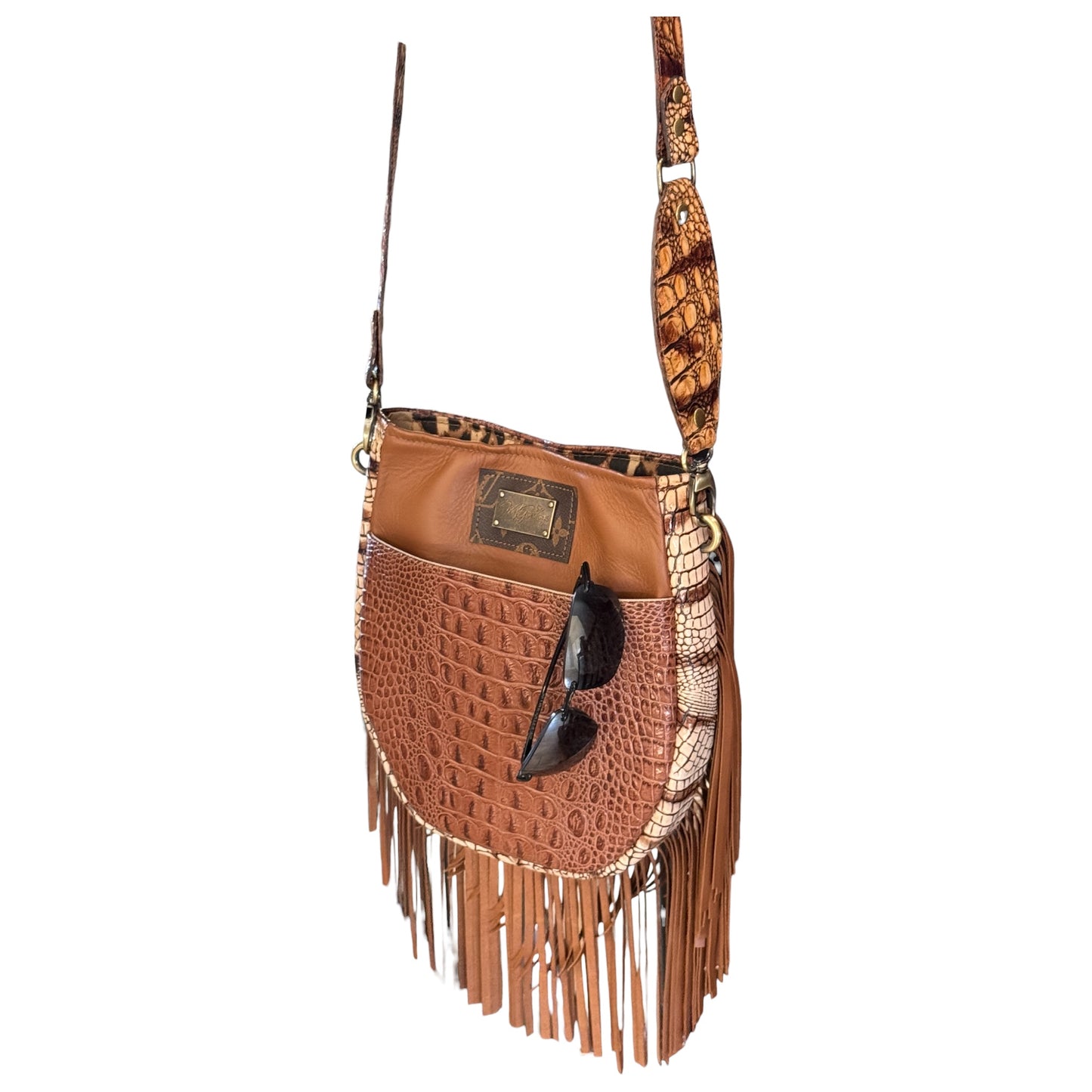 Cognac Designer Leather Fringe Shoulder Bag