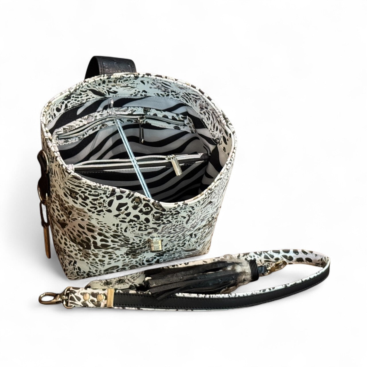 Designer Black Ostrich & Cheetah Bucket Bag