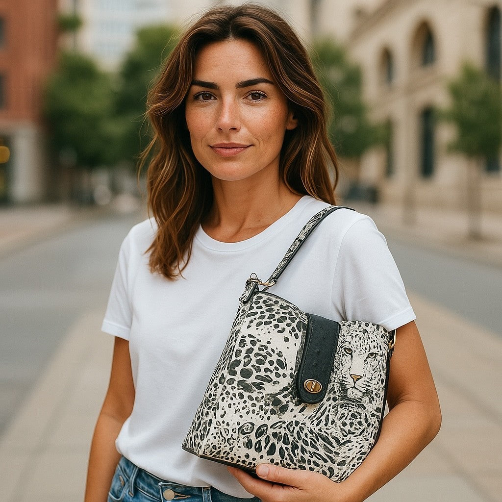 Designer Black Ostrich & Cheetah Bucket Bag
