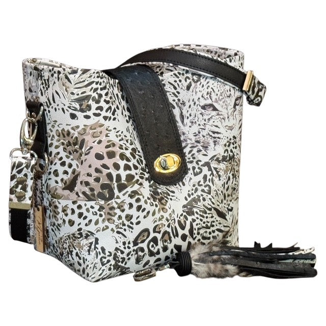 Designer Black Ostrich & Cheetah Bucket Bag