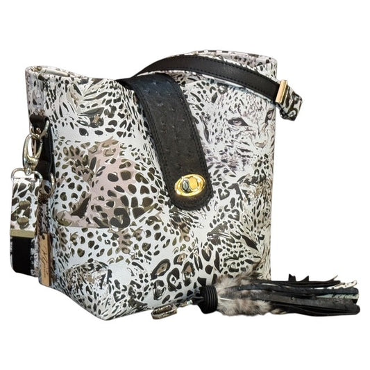 Designer Black Ostrich & Cheetah Bucket Bag