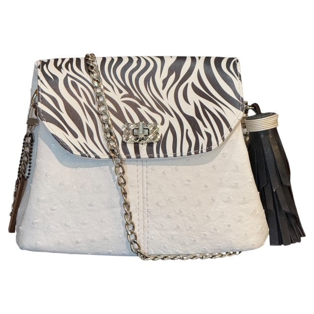 Designer White Ostrich & Zebra Stripe Shoulder Bag + coin purse