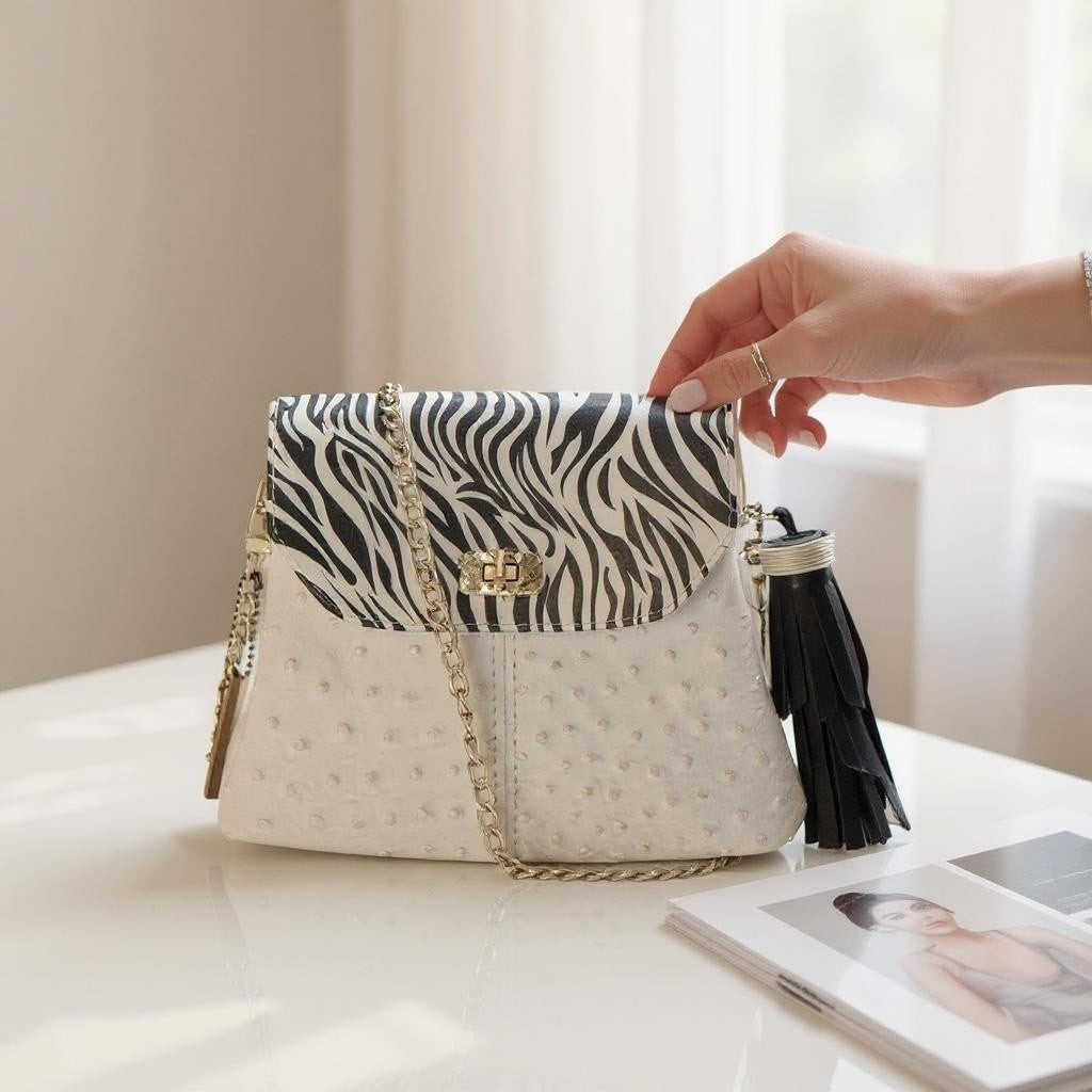 Designer White Ostrich & Zebra Stripe Shoulder Bag + coin purse