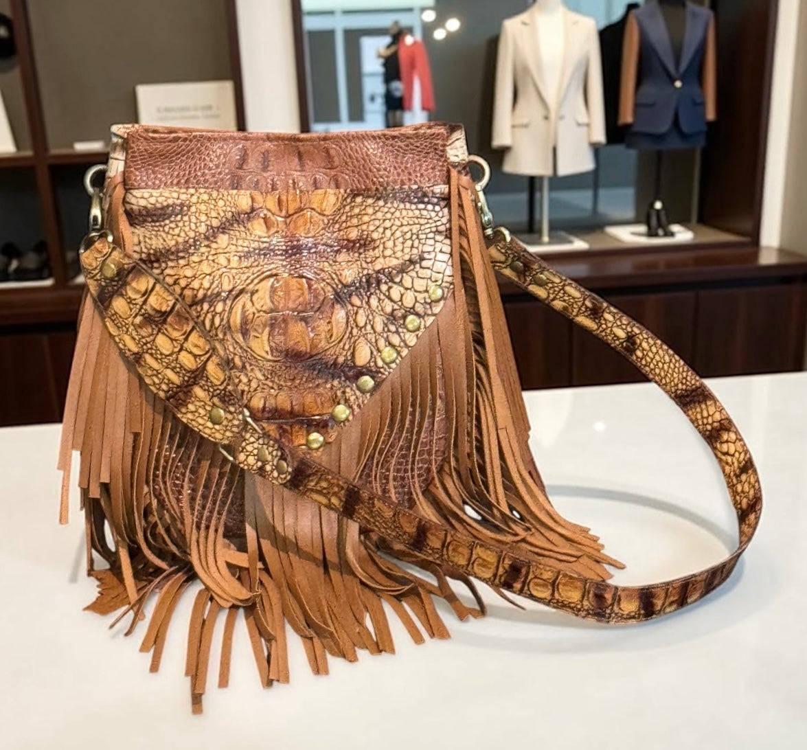 Cognac Designer Leather Fringe Shoulder Bag
