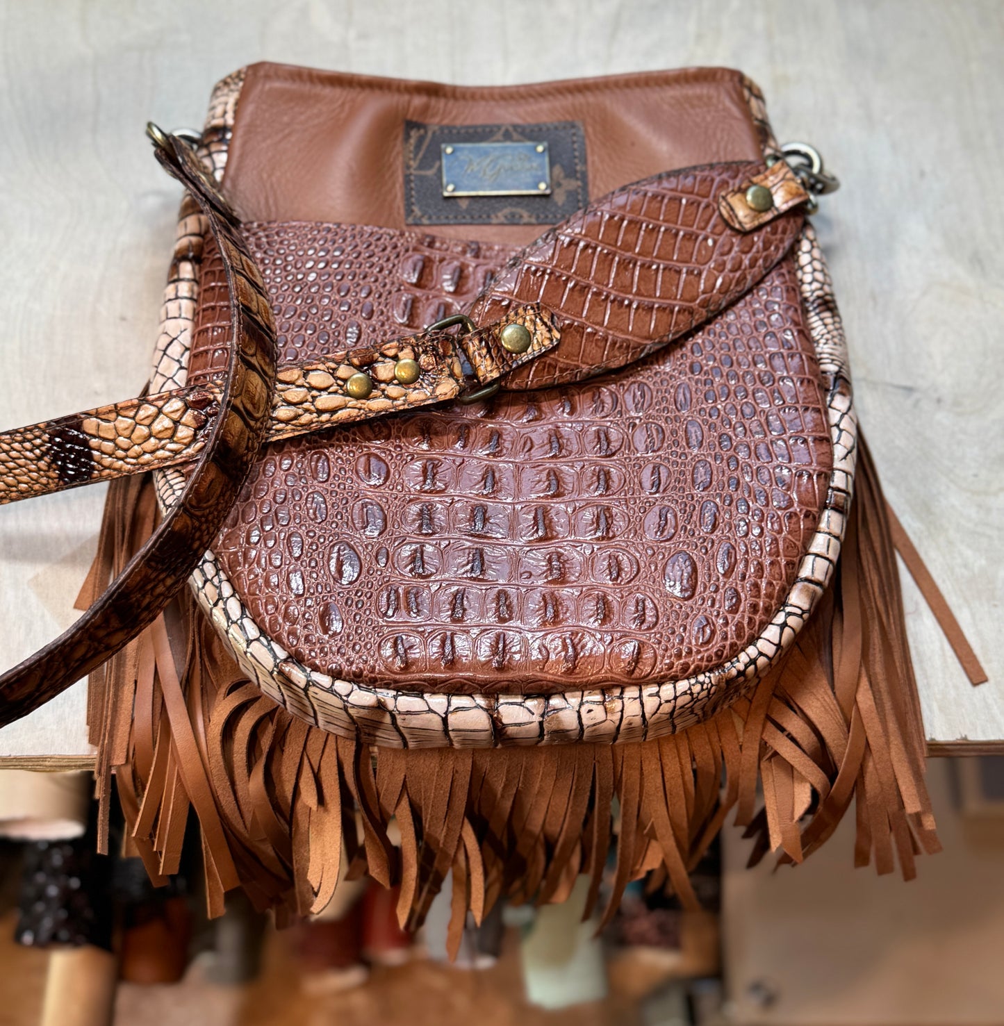 Cognac Designer Leather Fringe Shoulder Bag