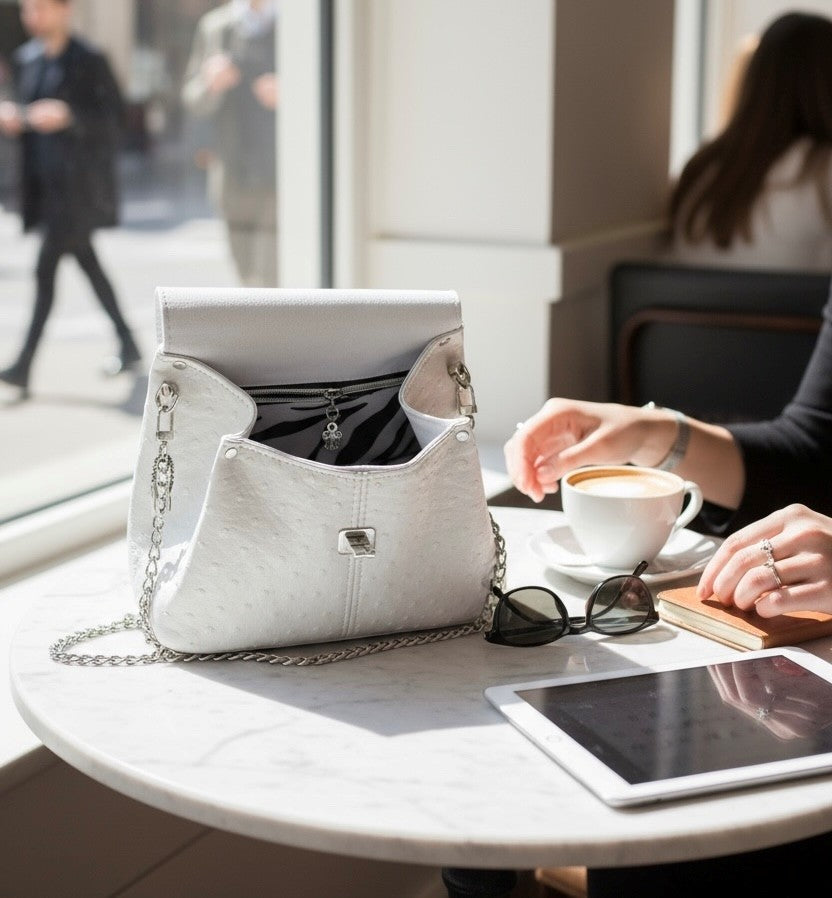 Designer White Ostrich & Zebra Stripe Shoulder Bag + coin purse