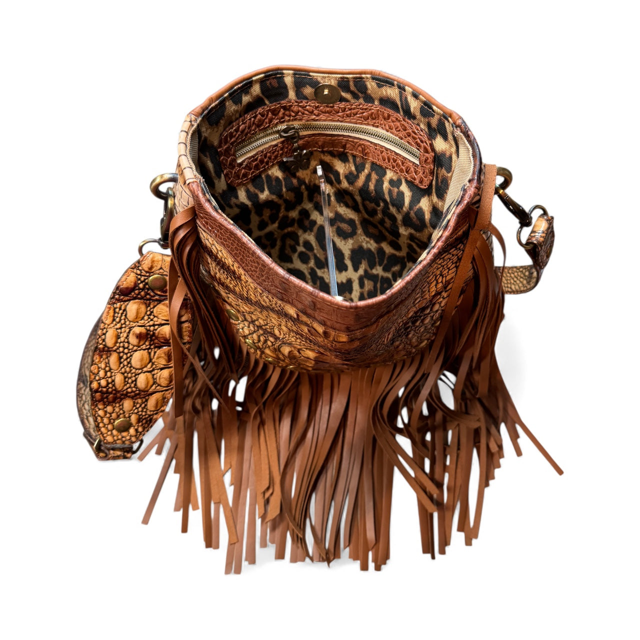 Cognac Designer Leather Fringe Shoulder Bag