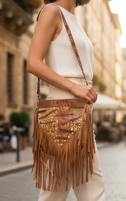 Cognac Designer Leather Fringe Shoulder Bag
