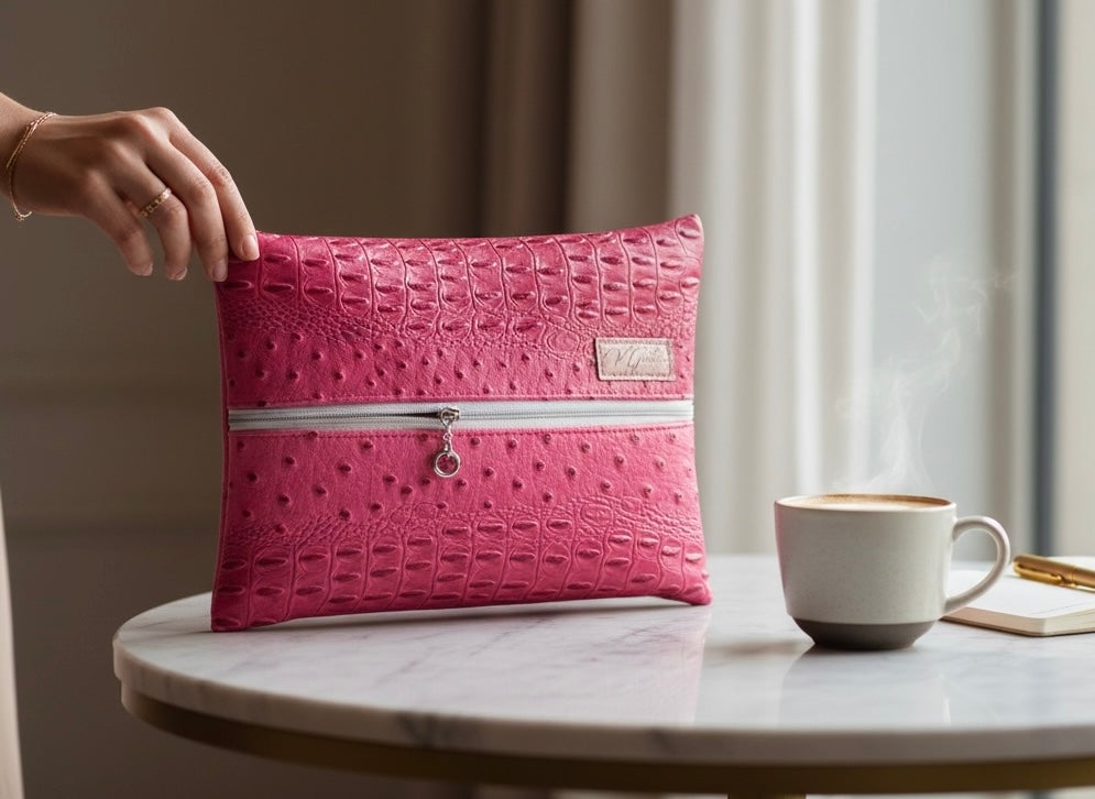 Flat Lay Makeup Bag Ostrich Croc-Small