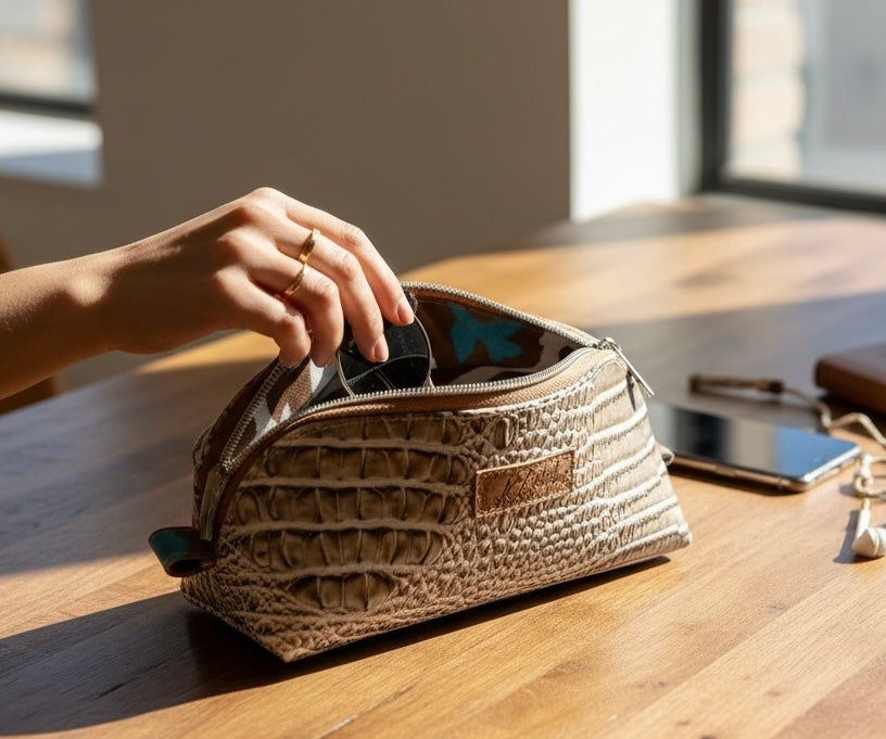 Cosmetic Bag Sand Beige 3D Gator Double Zipper Tab