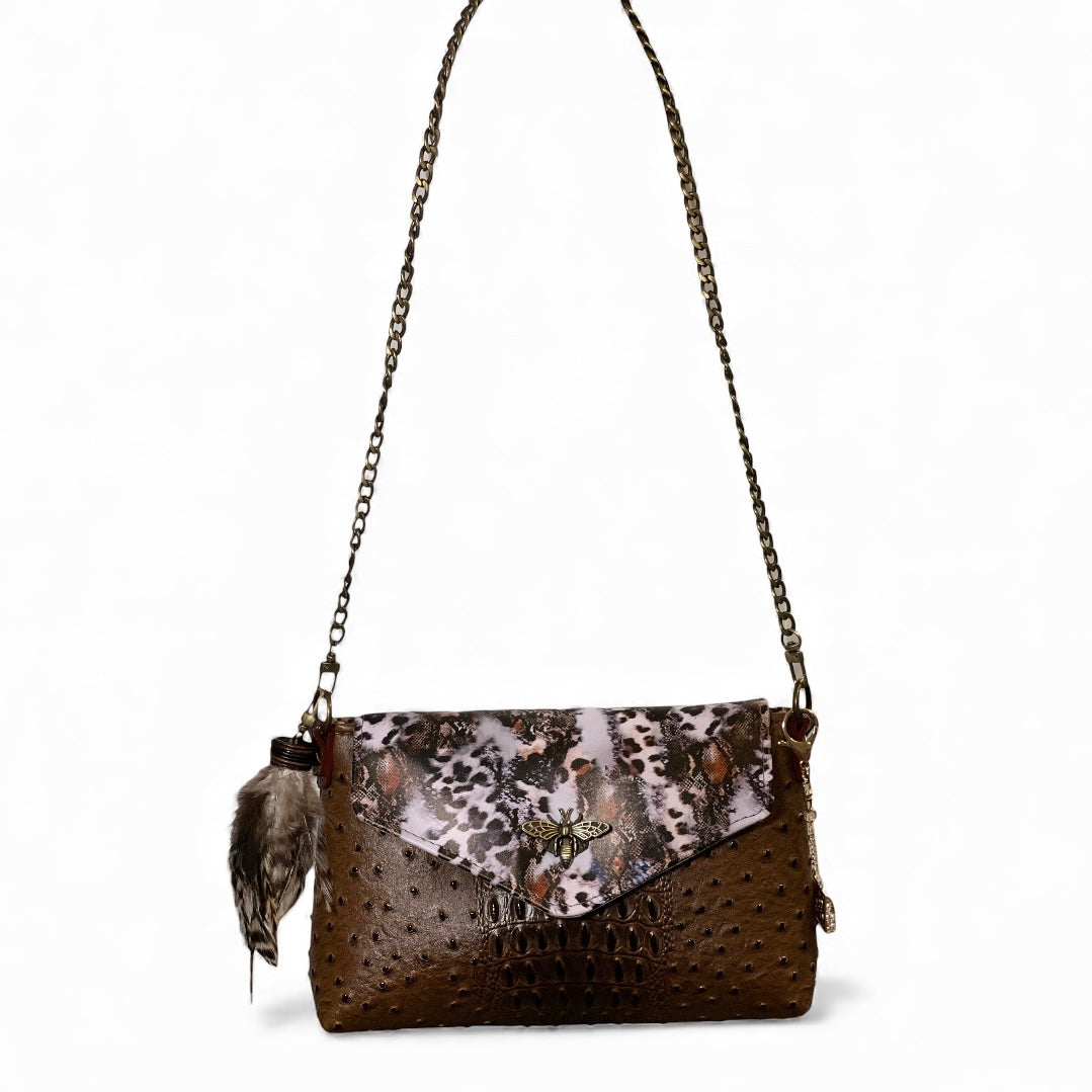 Animal Print & Matching Brown Ostrich Croc Shoulder Bag