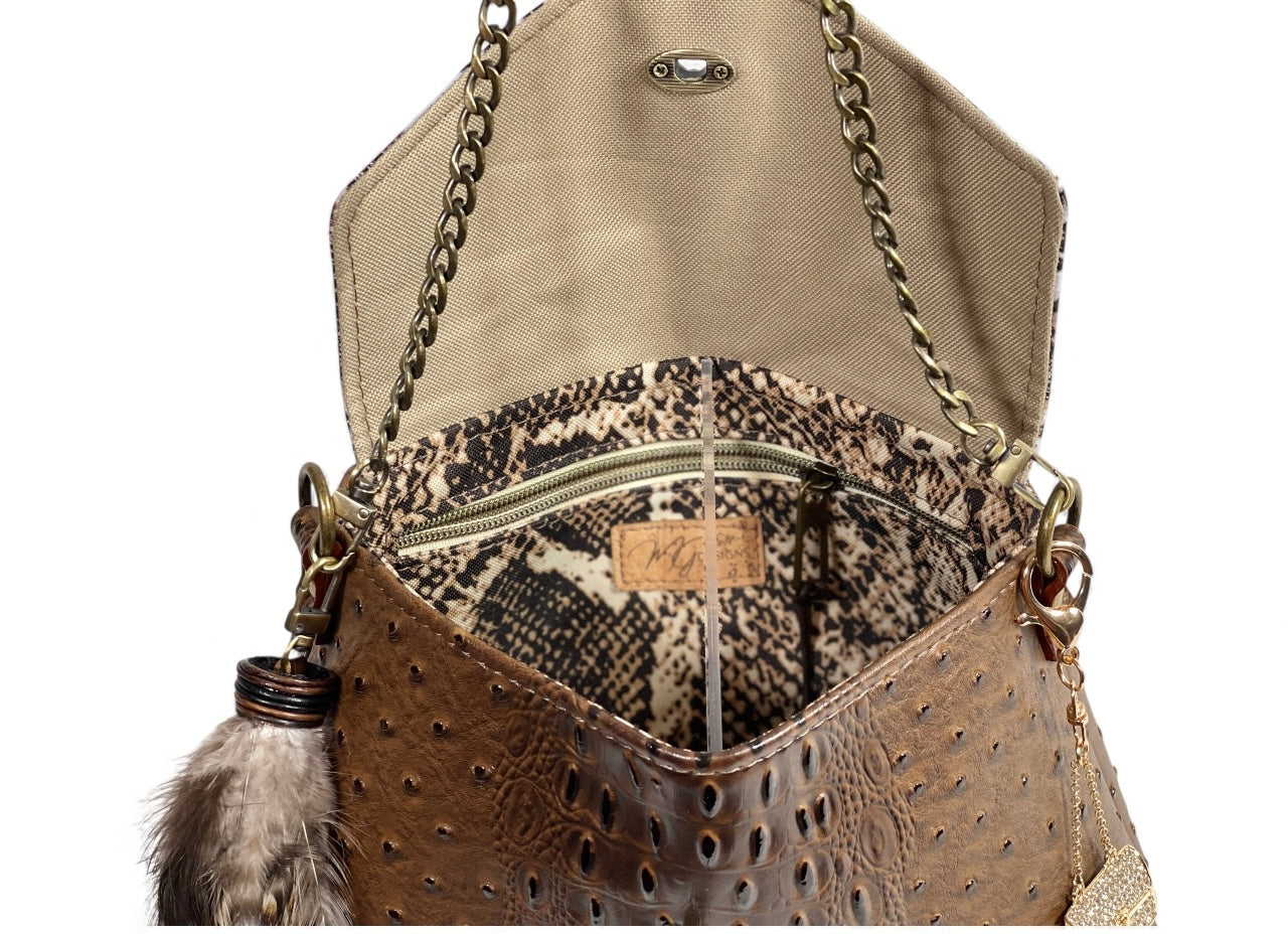 Animal Print & Matching Brown Ostrich Croc Shoulder Bag