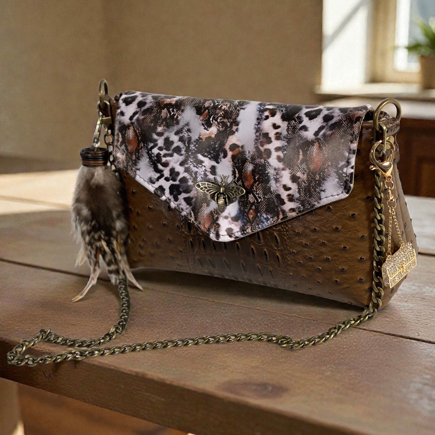 Animal Print & Matching Brown Ostrich Croc Shoulder Bag