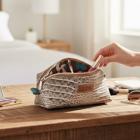 Cosmetic Bag Sand Beige 3D Gator Double Zipper Tab