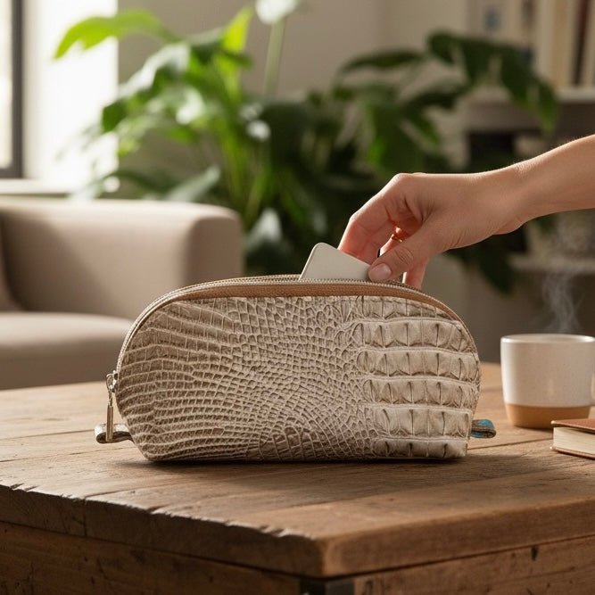 Cosmetic Bag Sand Beige 3D Gator Double Zipper Tab