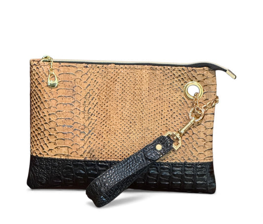 Cork Leather & Black Croc Wristlet