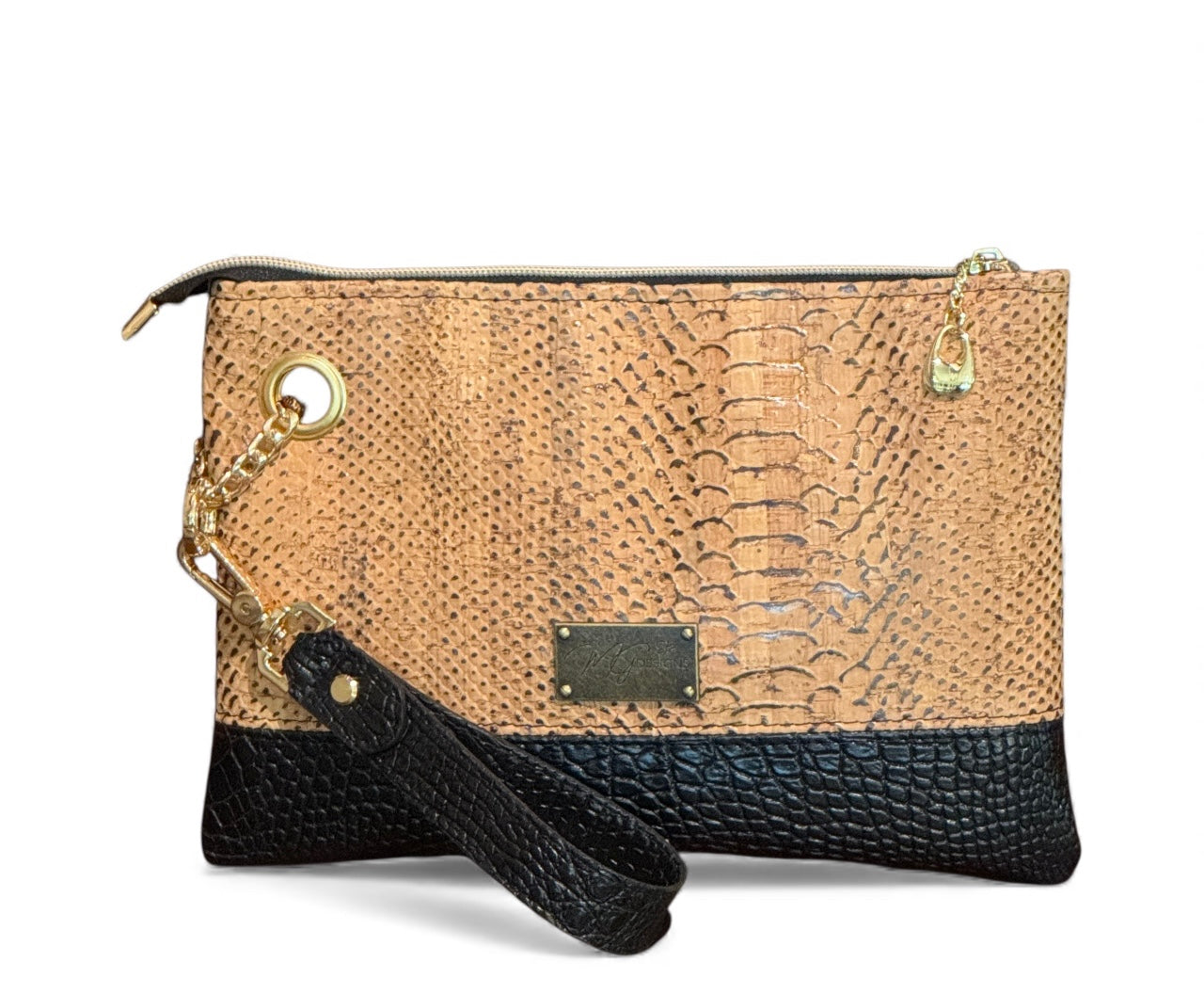 Cork Leather & Black Croc Wristlet