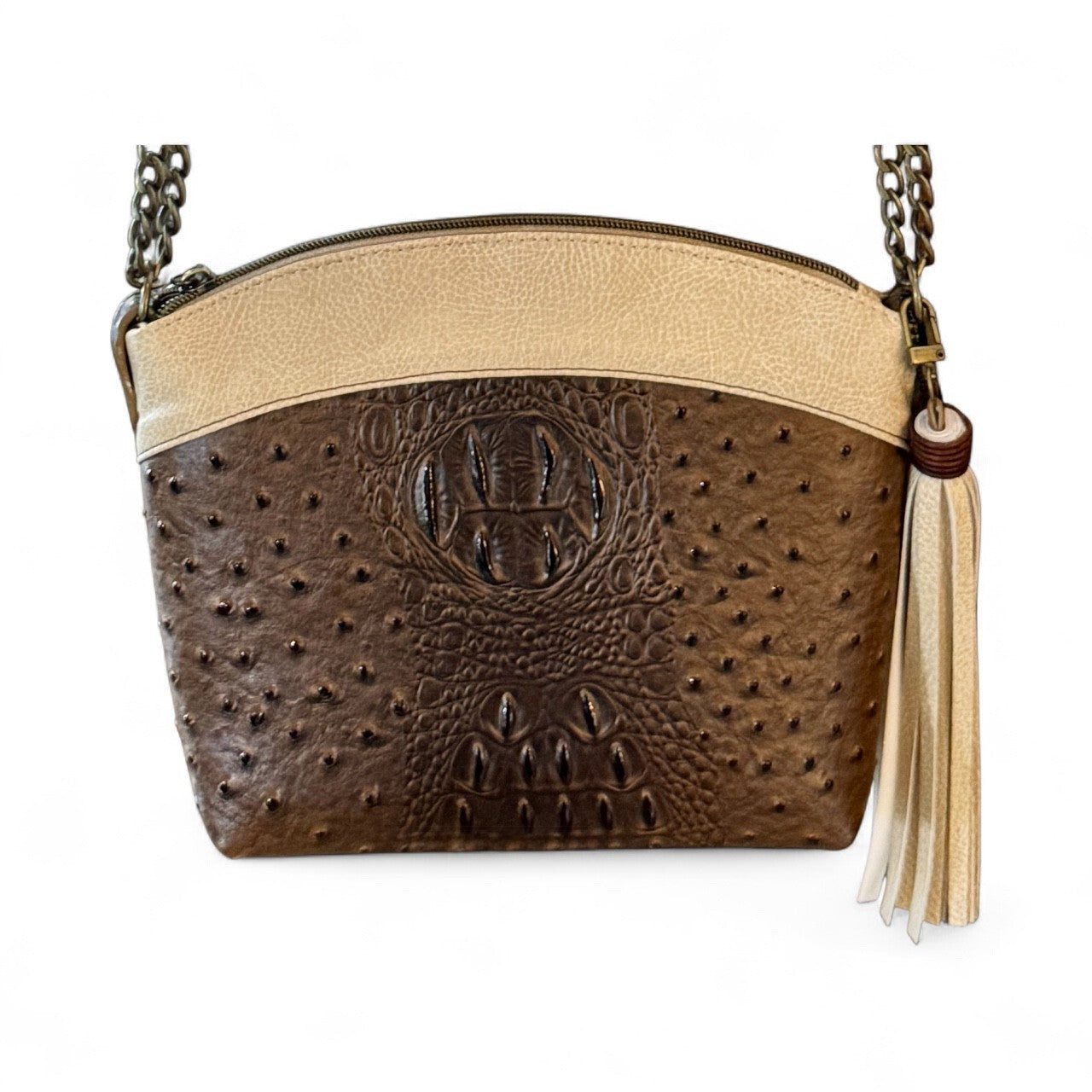 Brown Croc Ostrich and Sand Suede Domed Shoulder Bag / Crossbody