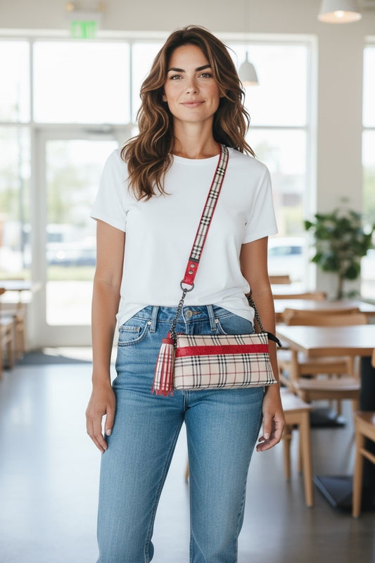 Sand, Black, Red and White Designer Inspired Shoulder/Crossbody Bag