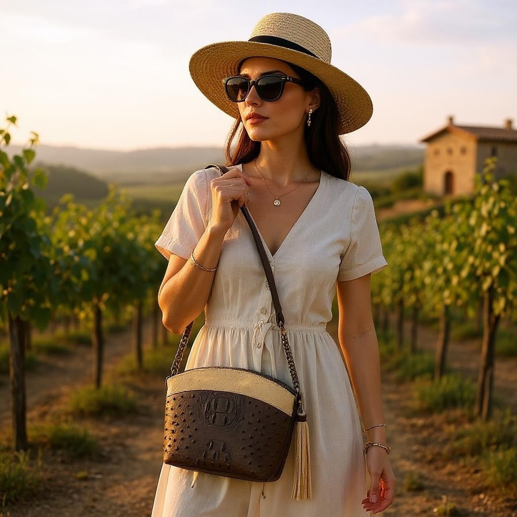 Brown Croc Ostrich and Sand Suede Domed Shoulder Bag / Crossbody