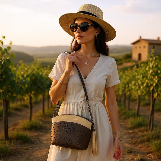 Brown Croc Ostrich and Sand Suede Domed Shoulder Bag / Crossbody